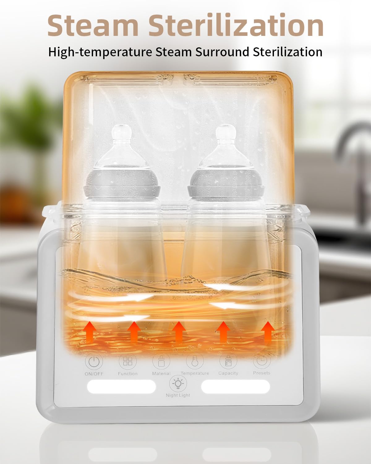 Sterilizzatore per biberon per biberon 8 in 1Fast riscaldamento alimenti per bambini, 2 bottiglie contemporaneamente, sterilizzatore a vapore regolabile per biberon con display LCD
