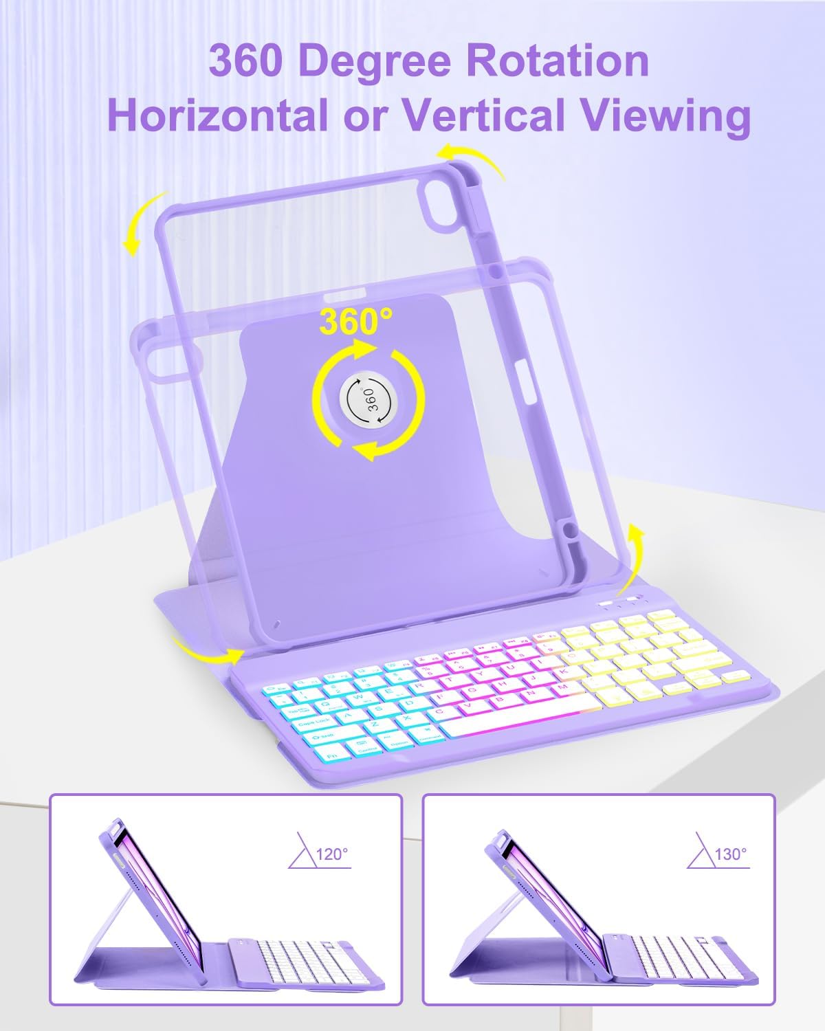 Case with Keyboard Mouse for iPad Air 11 inch M3 M2/ Air 10.9 5th 4th Generation,Rainbow Backlit Detachable Keypad Rotatable Magnetic Cover with Pencil Holder for iPad Air 4 5 6 7 Gen Purple - Image 4