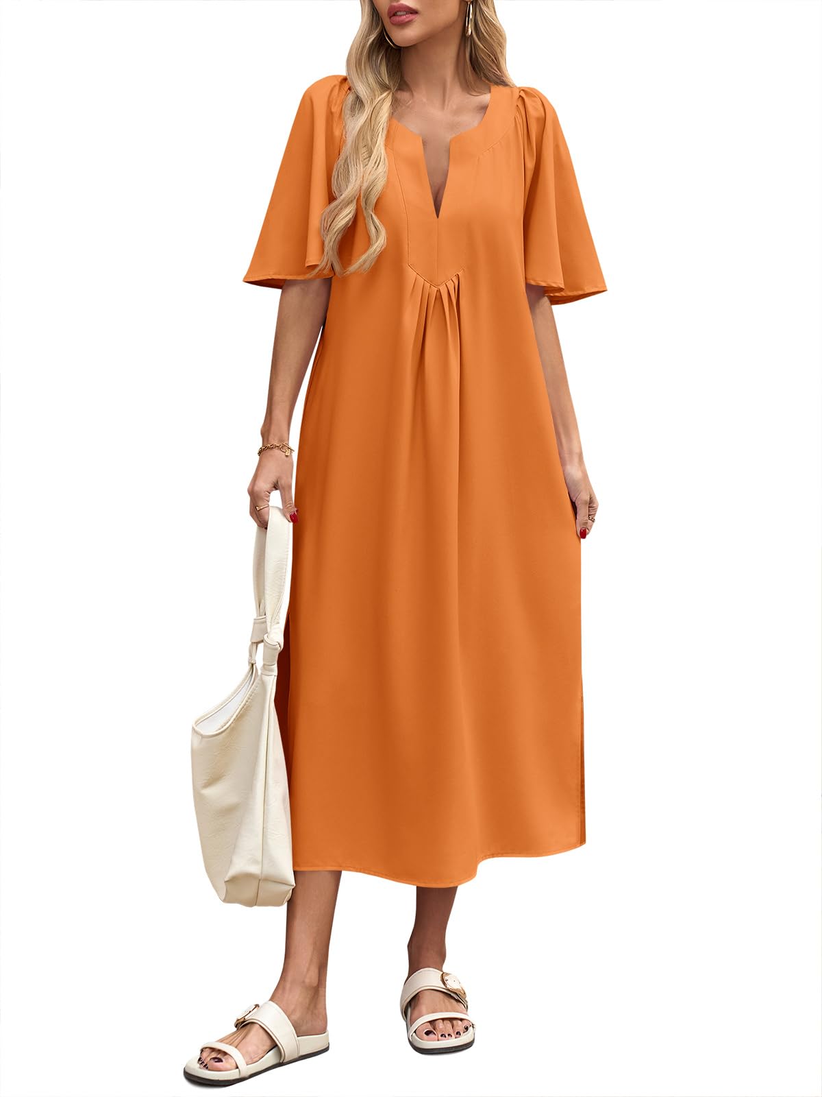 Wenrine Womens Casual Maxi Dress Short Sleeve Loose Flowy Summer Dresses