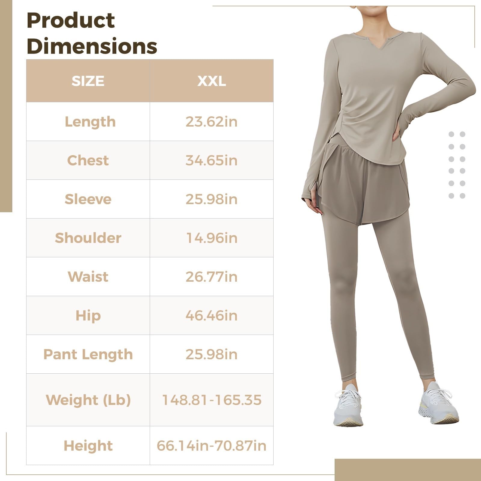 Conjunto de entrenamiento de 3 piezas para mujer, traje de yoga con telas transpirables y tecnología antibolitas, XXL para 135-150, ropa deportiva cómoda y versátil, Kahki., Talla única
