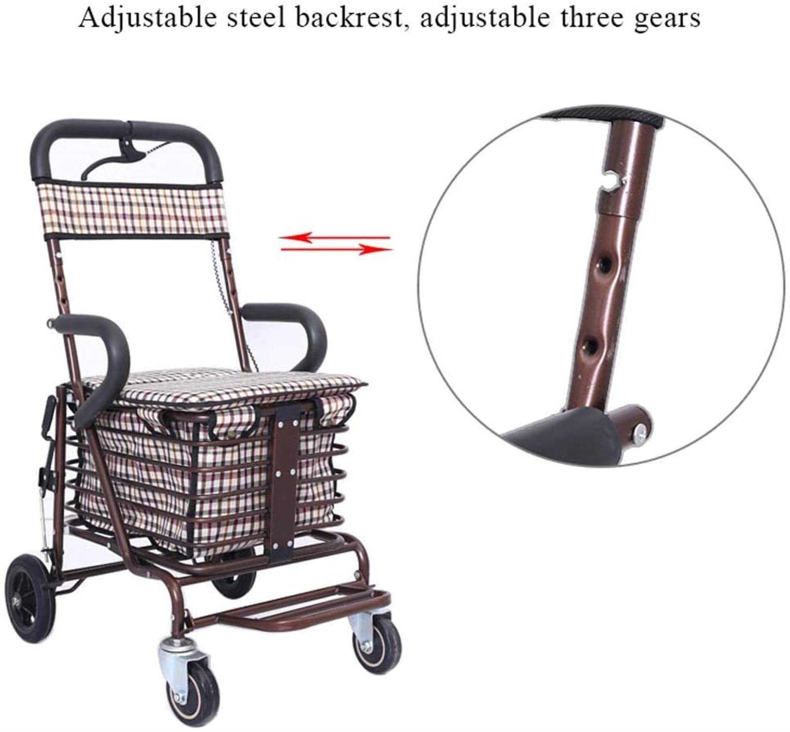 Rollator Walker - Carrito de la compra para ancianos, andador, casual con asiento, plegable ajustable de tres pasos, cuatro ruedas de alta capacidad
