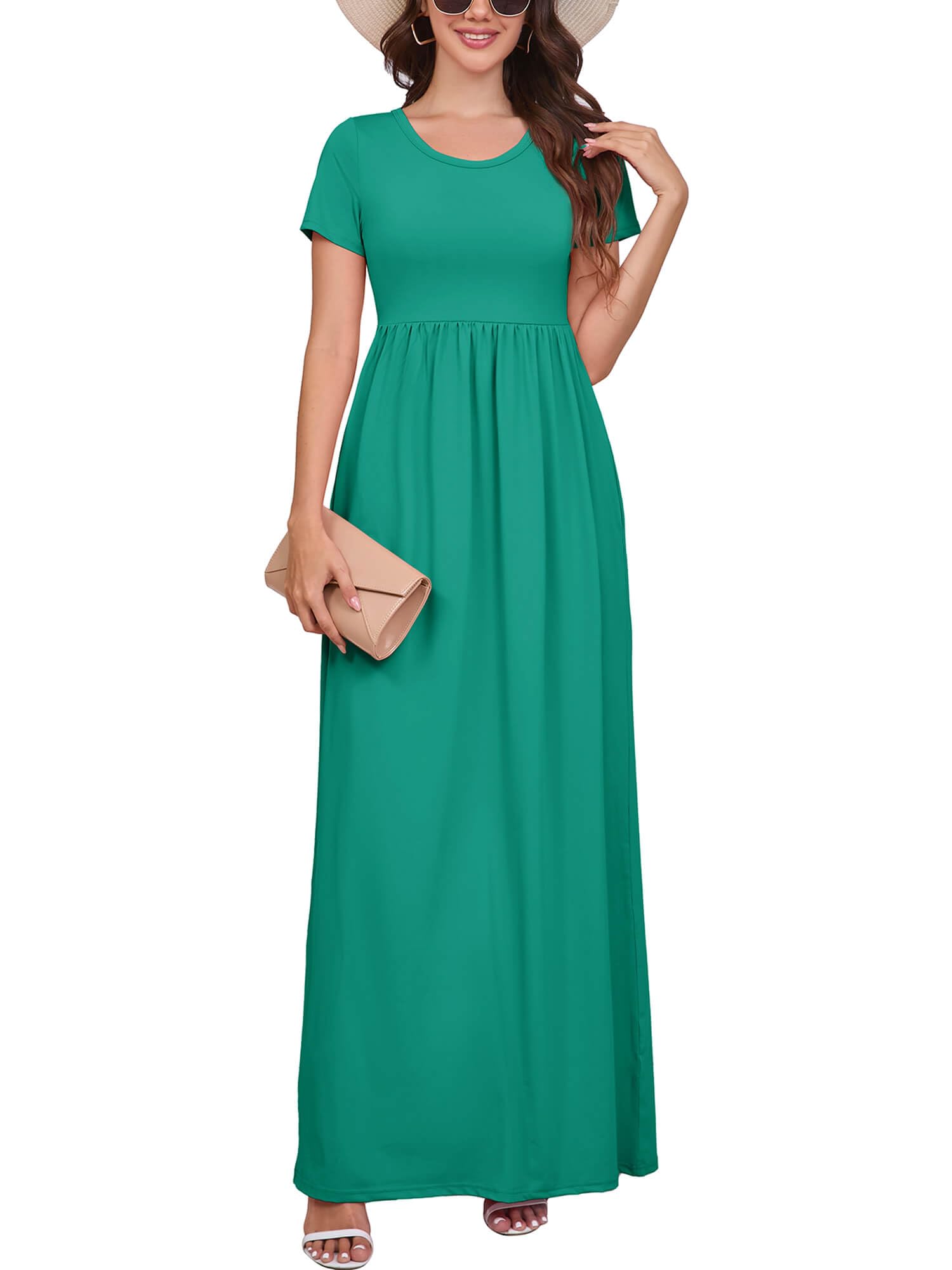 DEARCASE Maxi Dress for Women Short Sleeve Casual Summer Loose Plain Comfy Long Dresses with Pockets