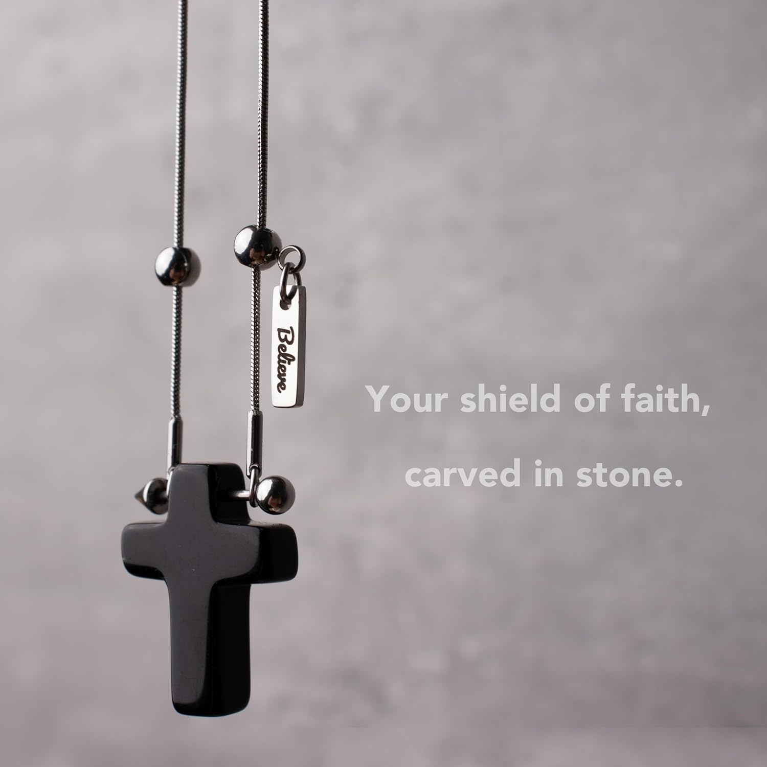 Black Obsidian Cross Necklace for Men Boys, Protection Crystal Crucifix Necklace, Adjustable 16~30 Inches Stainless Steel Pendant Chain for Men, Gifts for Christians - Image 3