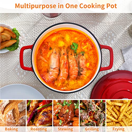Image of Velaze 6 QT Enameled Cast Iron Dutch Oven Pot with Lid, Red