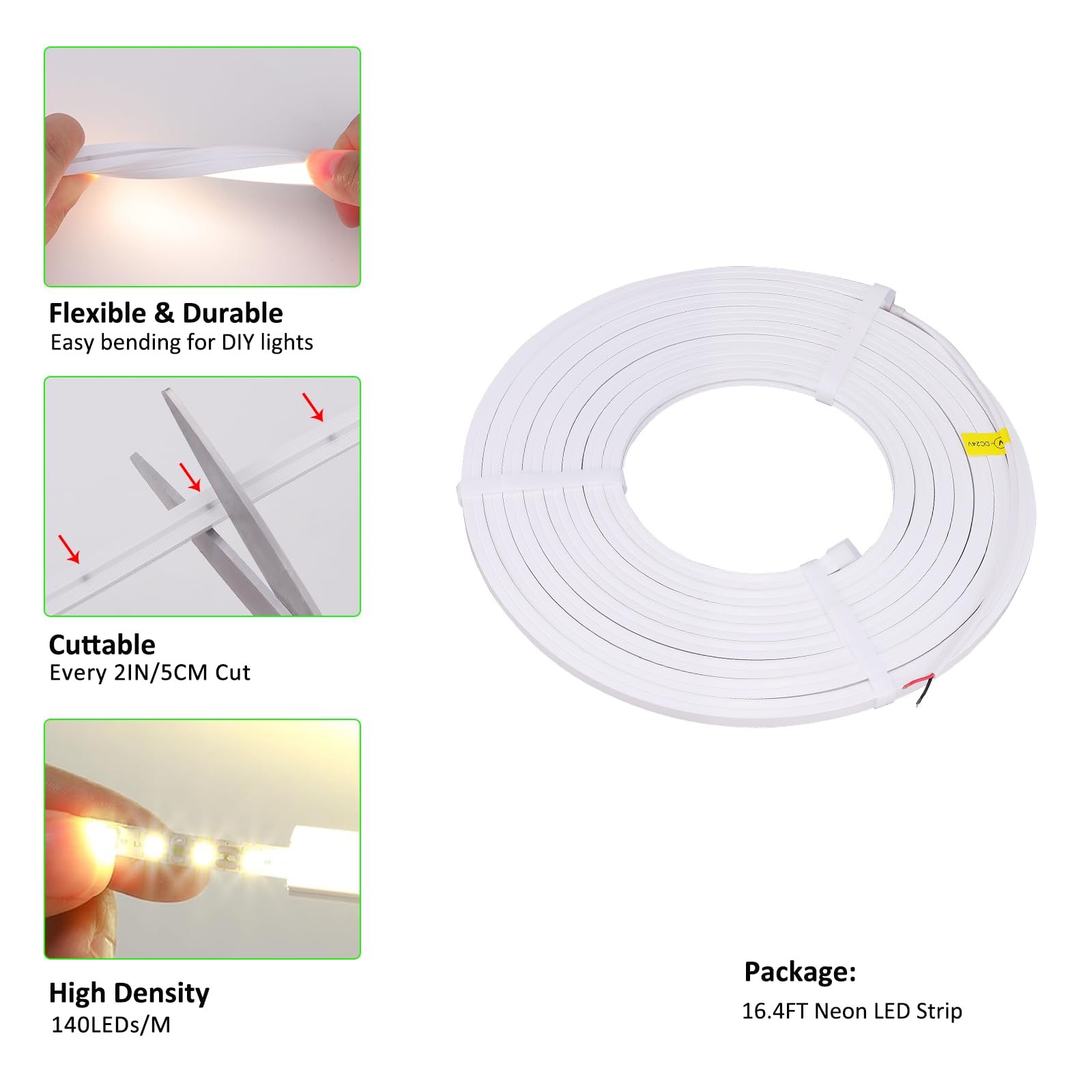 JOYLIT 24V Neon Striscia LED 5M 6000K Bianco Freddo, 6x12MM Flessibile Neon LED Strisce Silicone CRI 90+ IP67 Impermeabile Senza Punti Strip LED Per Cucina, Giardino (Alimentazione Non Inclusa)