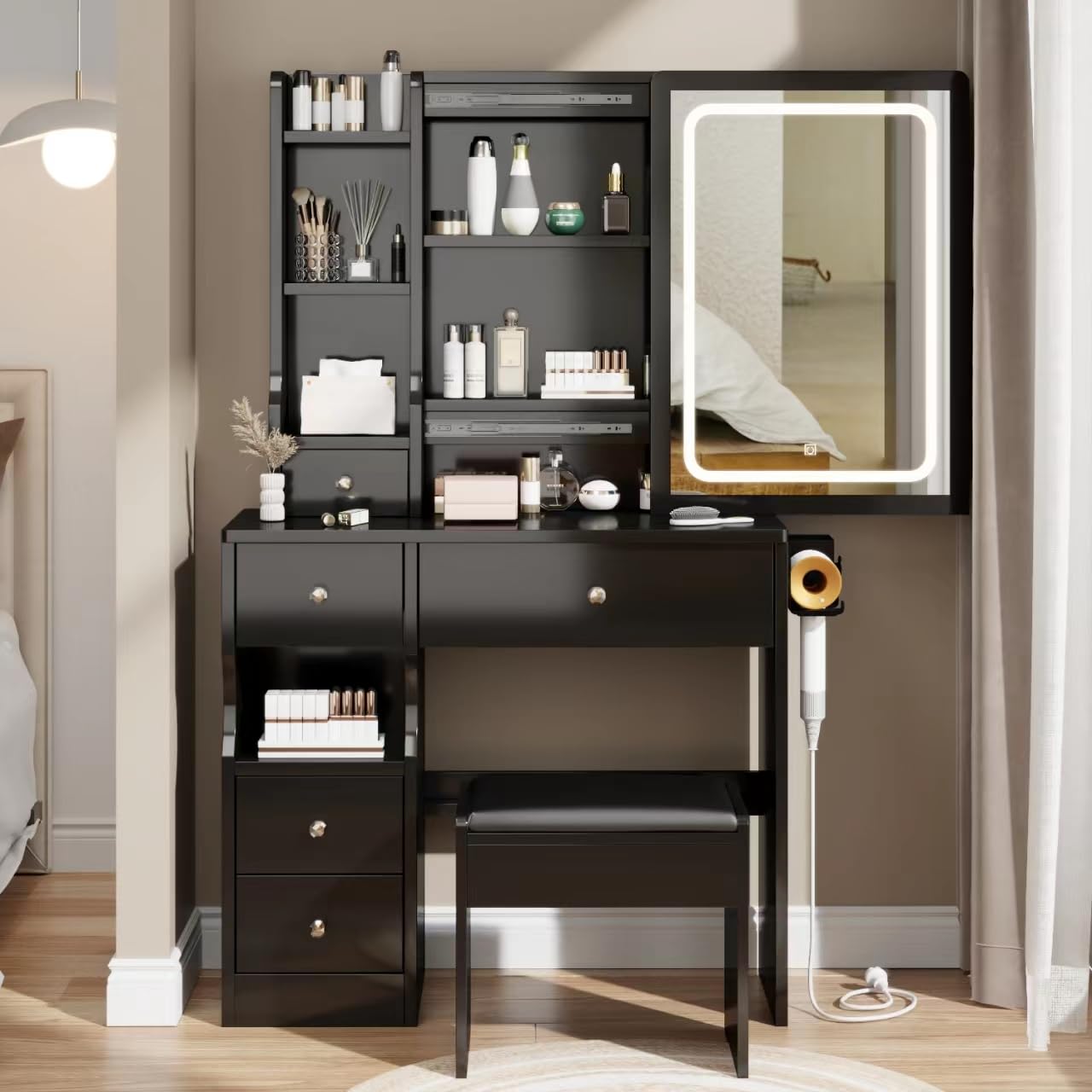 Wanttii Vanity Desk with Mirror and Lights, Vanity Makeup Desk with Sliding Lighted Mirror, Narrow Mirror Makeup Desk with Cushion Stool, Charging Station, Drawers and Shelves, Black (VD014B)