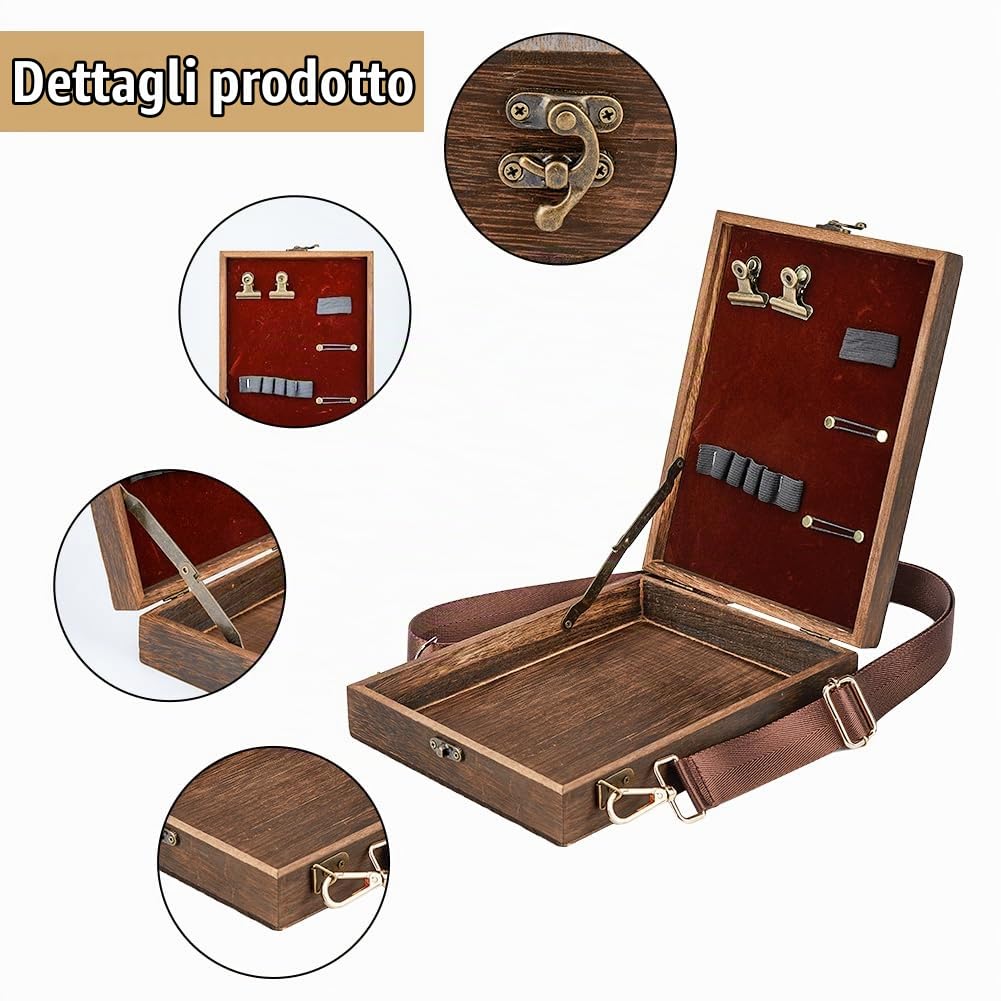 SUPERFINDINGS Scatola In Legno per Messaggeri di Scrittori，Cavalletto Da Tavolo，Scatola Portapitture con Spazio per Pennelli e Utensili，Gabbia di Stoccaggio Portatile con Fascia per Dipingere