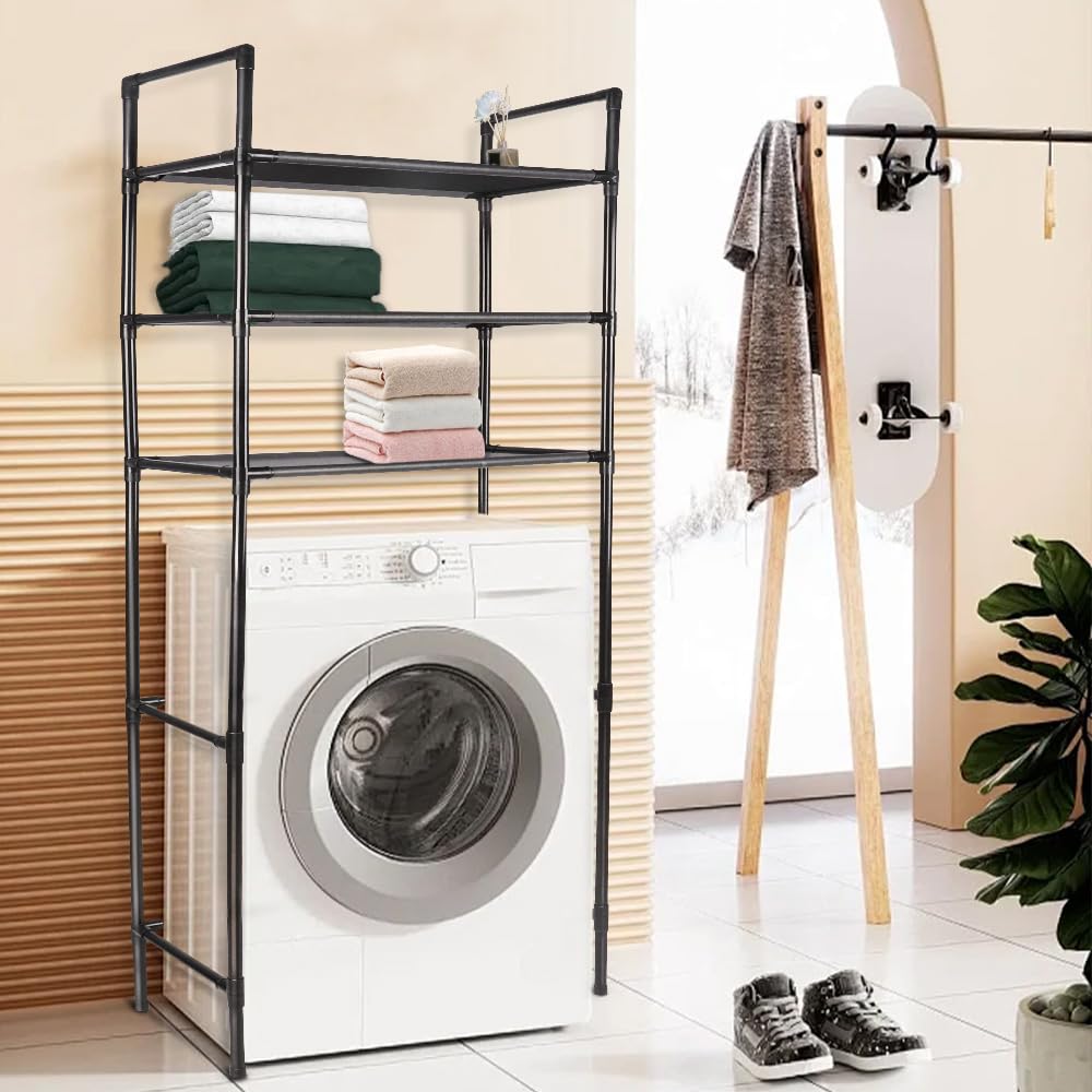 HUOLE Étagère pour Machine à Laver à 3 Niveaux, Étagère Métallique Économie d'espace pour Toilettes et buanderie, Multifonction, Solide et réglable, 72 x 25 x 155 cm - Noir