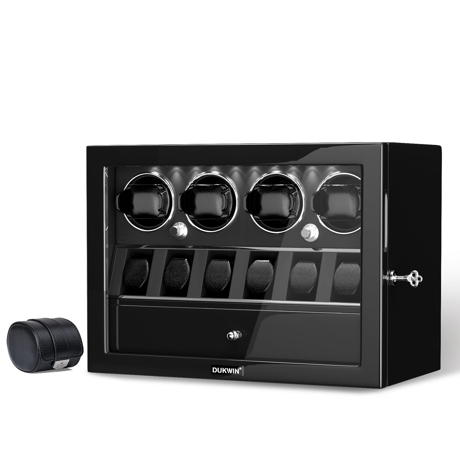 DUKWIN Watch Winder for Automatic Watches, Lockable Watch Winders with Extra Watch Storage, Jewelry Storage, 4 Rotation Modes, LED Light, Super Quiet Mabuchi Motor and Spring Watch Pillows