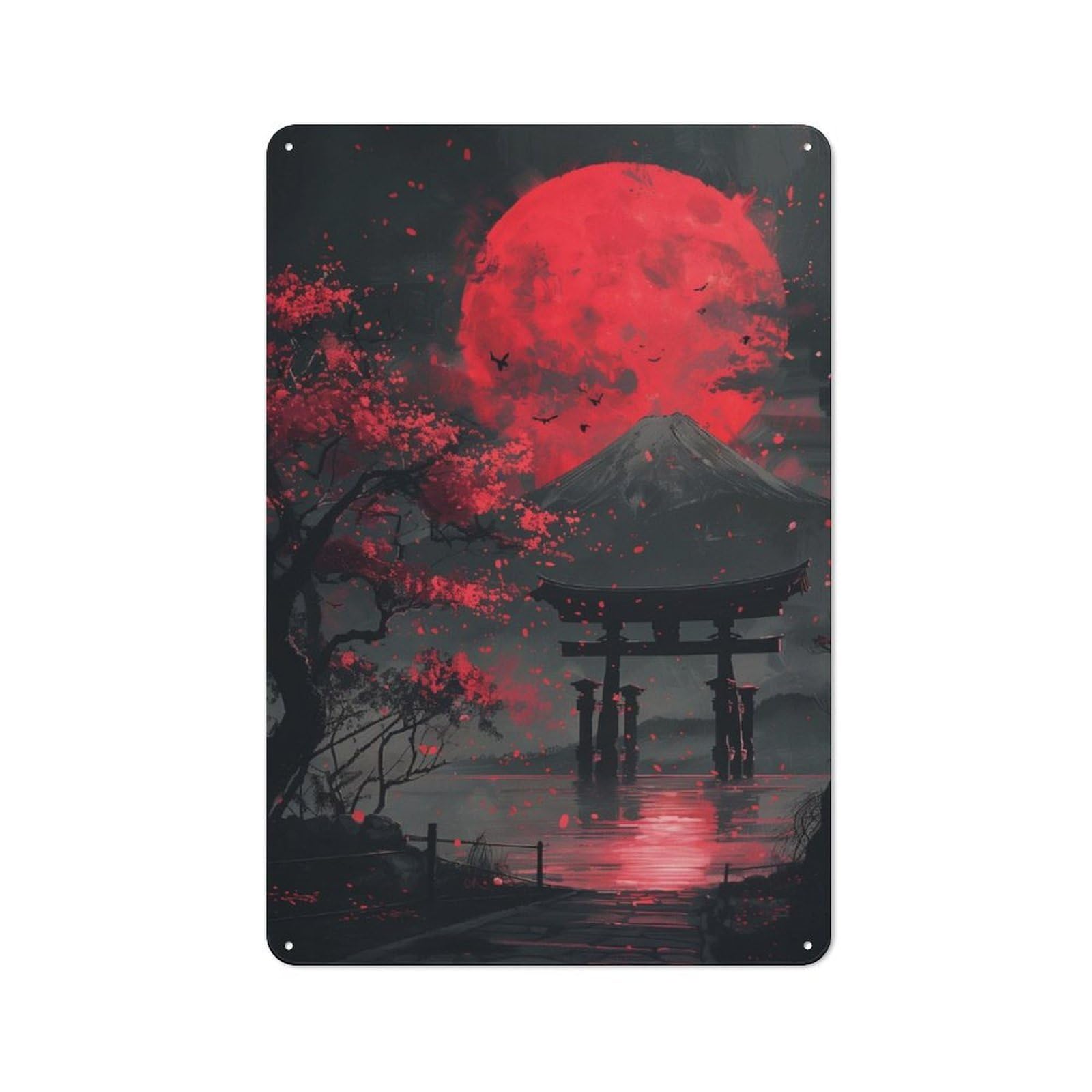 Vintage Metal Sign 30x20cm Featuring Red Moon Torii Gate Fuji, Home Bar Decor for Cafe, Pub, Workshop Or Home Bar