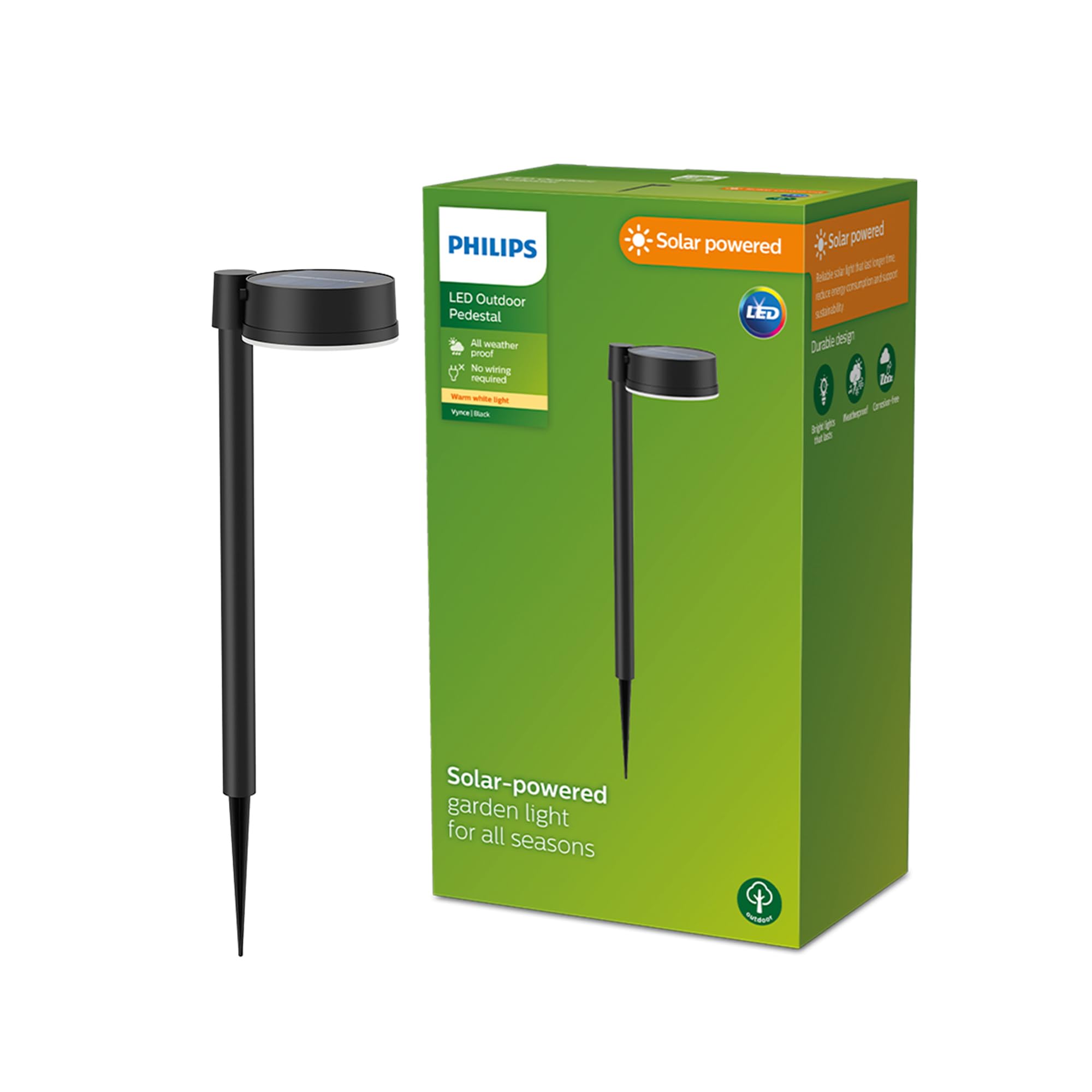 Philips Outdoor Solar Vynce Sockelleuchte Spiess 1,5W, Tageslichtsensor, rund, 2700 Kelvin, IP44 wetterfest, schwarz