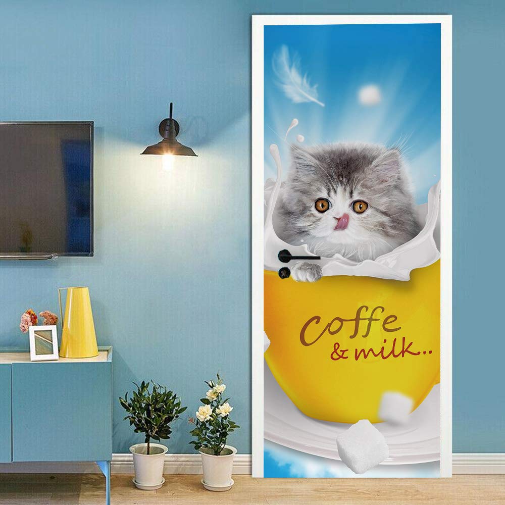 Sticker de porte trompe l'oeil chaton 88x200cm pour déco intérieure