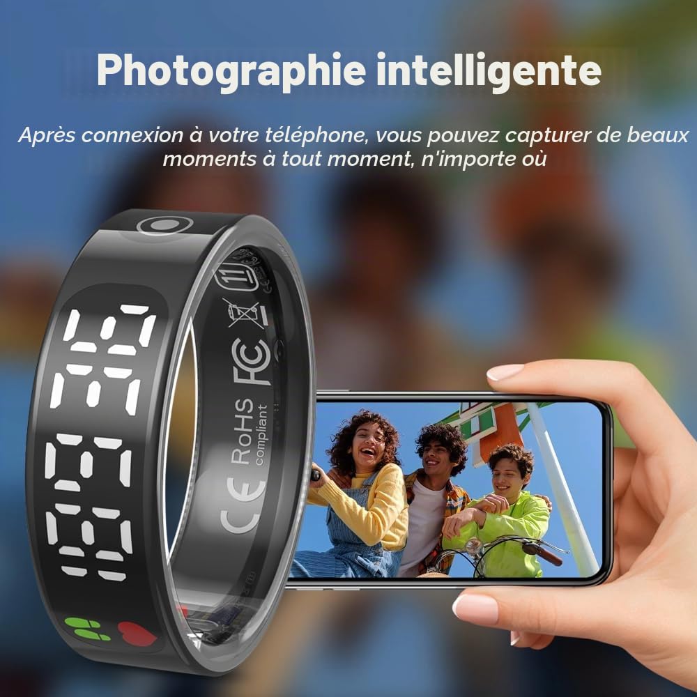 Bague connectée avec écran Tactile et Moniteur de fréquence Cardiaque, boîtier de Chargement sans Fil Noir de 18,2 mm de diamètre intérieur
