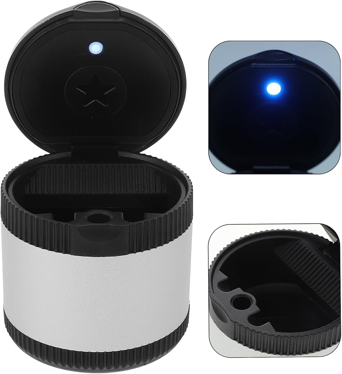 Car Ashtray with Lid LED Light Portable Metal Smokeless Unique Ash Tray for Cars and Outdoor Use Silver Compact Design