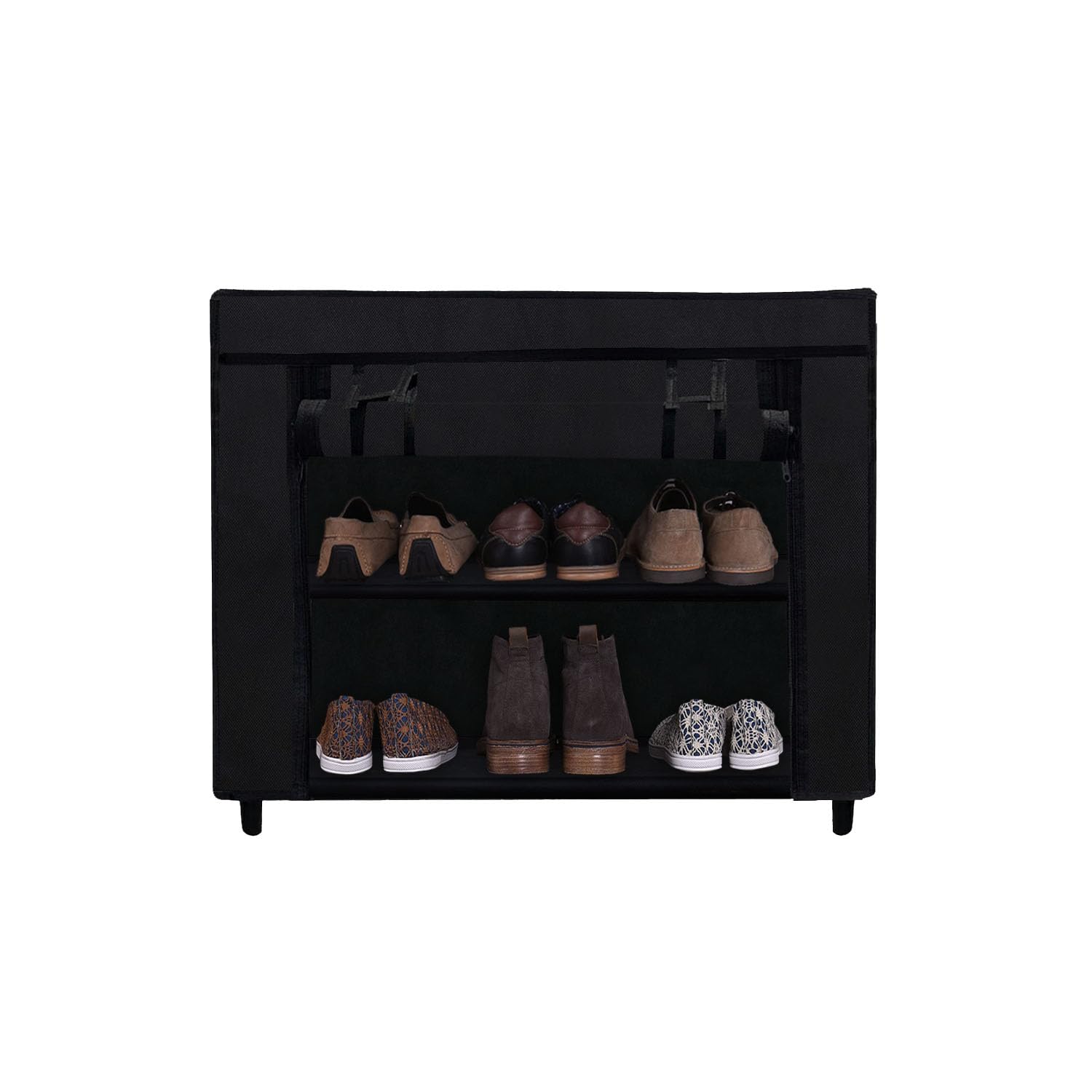 PHILOSHOP 2-Layer Shoe Rack with Fabric Shelves & Cover – Space Saving Shoe Organizer for Entryway, Closet, or Bedroom Black-image-46