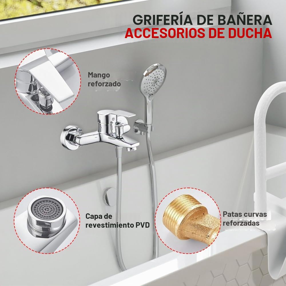 Grifo mezclador monomando de pared para bañera y ducha, boquilla de ducha 1/2", tamaño ajustable 13,5-17,5 cm, acabado cromado moderno con 8 accesorios de montaje