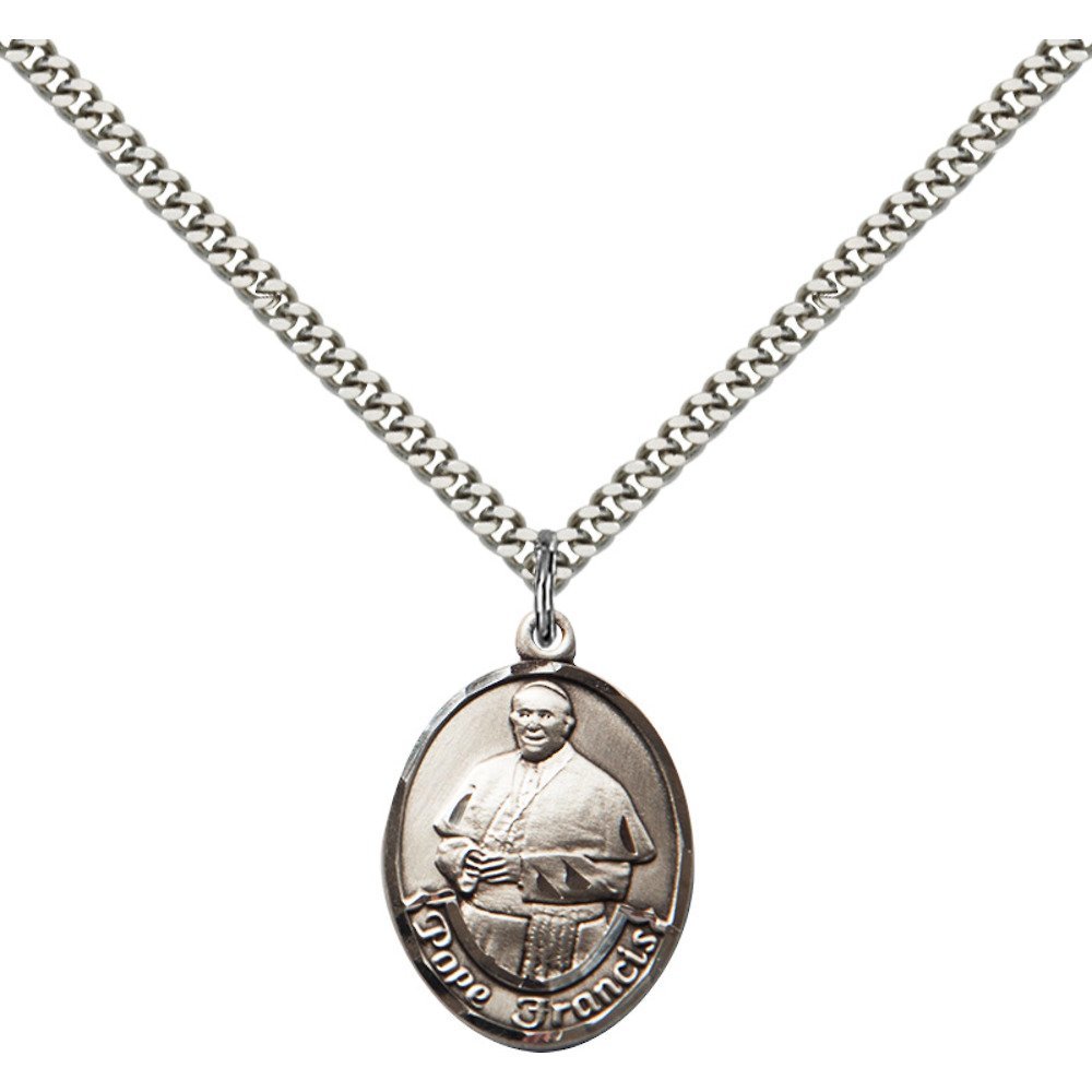 Bonyak Jewelry Saint Medal Collection Sterling Silver Pope Francis Oval Pendant 1 x 3/4 inches with Heavy Curb Chain