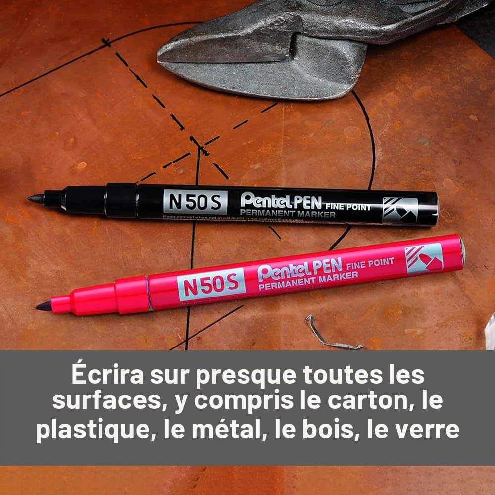 Pentel Pen N50S Lot de 12 Marqueurs permanents pointe conique fine, Noir