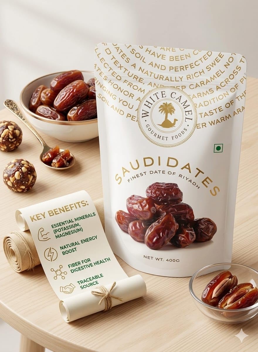 White Camel Saudi Dates, Finest Dates of Riyadh, Gourmet Foods, Natural Caramel Flavour, 400g (Product Of UAE) From Decadent Foods 1