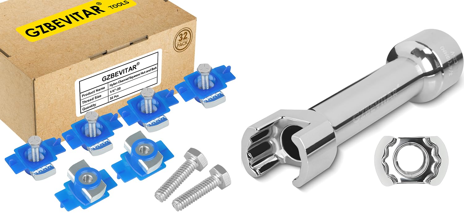 1/4"-20 Nylon Channel Squeeze Nut and Bolt - 32 Pack, 1/2″ Drive 3/4″ (19mm) Strut Channel Impact Socket