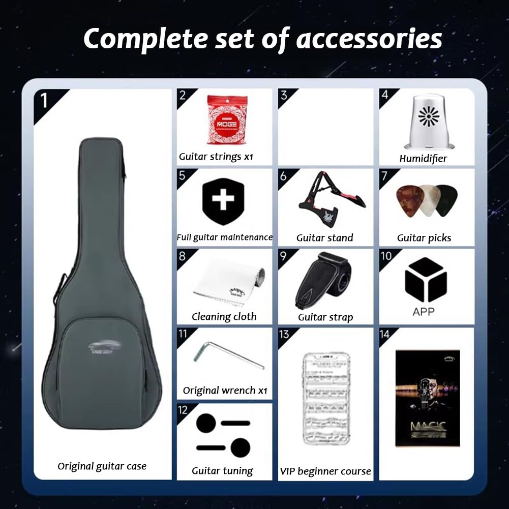 Set chitarra acustica con custodia, accordatore, tracolla, corde, plettri, capotasto per design a spalla mancante