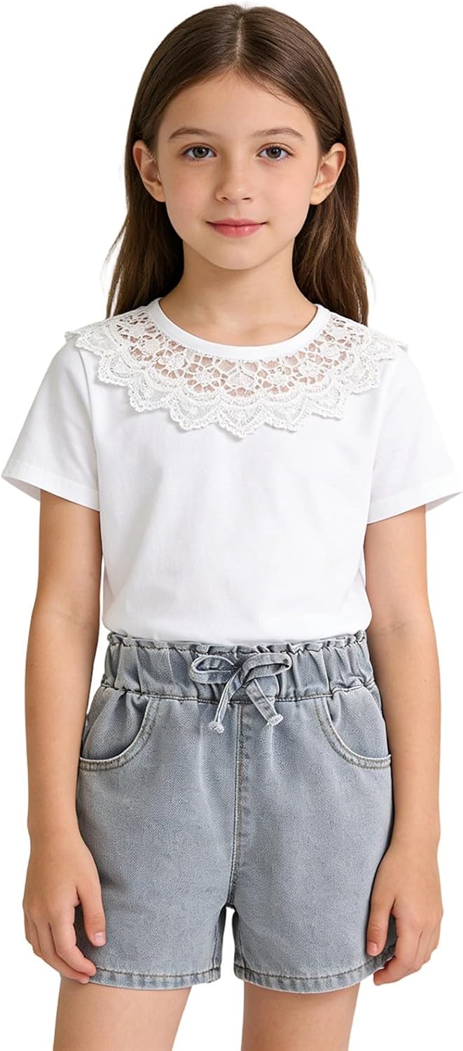 Girls Cherry Embroidery Stripe Jeans Shorts Cotton Elastic Waist Wide Leg Shorty Cute Y2K Summer Jorts Daily Wear