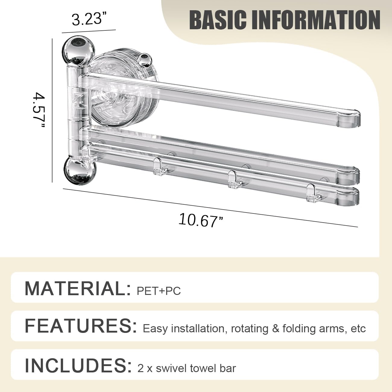 2PCS Swivel Suction Cup Towel Bar 3 Swing Arms 270°Rotation Wall Mounted Cloth Drip Dry Holder Multifunctional Storage Rack for Bathroom and Kitchen Accessories Transparent
