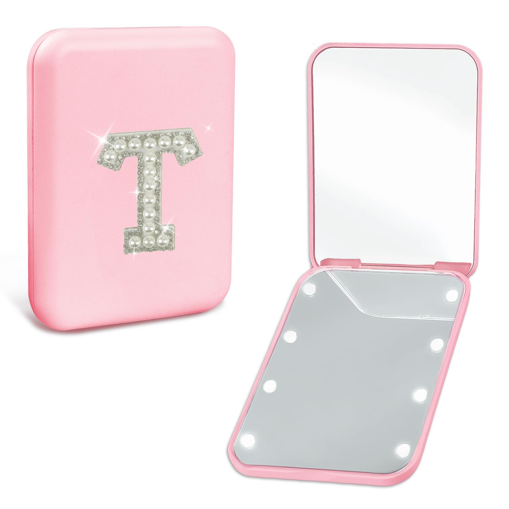 Initial Letter Travel Mirror with Lights Pink 1X/2X Magnification LED Compact Mirror, Small Pocket Mirror Folding Handheld Makeup Mirror Birthday for Women Teen Girls (T)