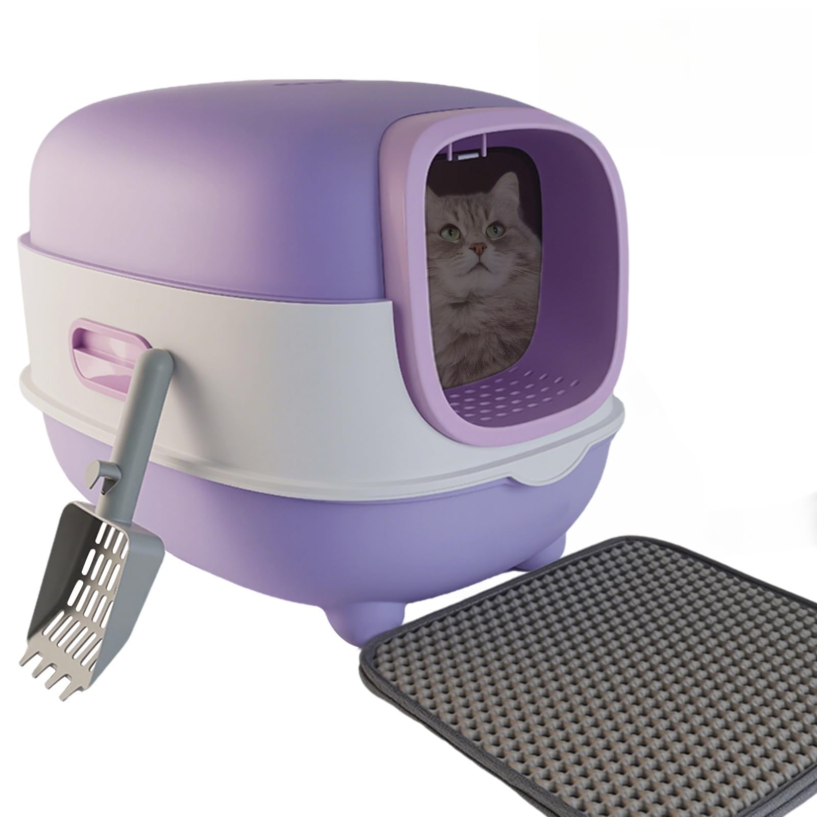 Large Cat Litter Box with Cat Litter Scoop, Foldable Litter Box with Lid, Front Entry and Exit Leak-Proof Litter Cat Box, Odor Control, Easy to Clean (Purple)