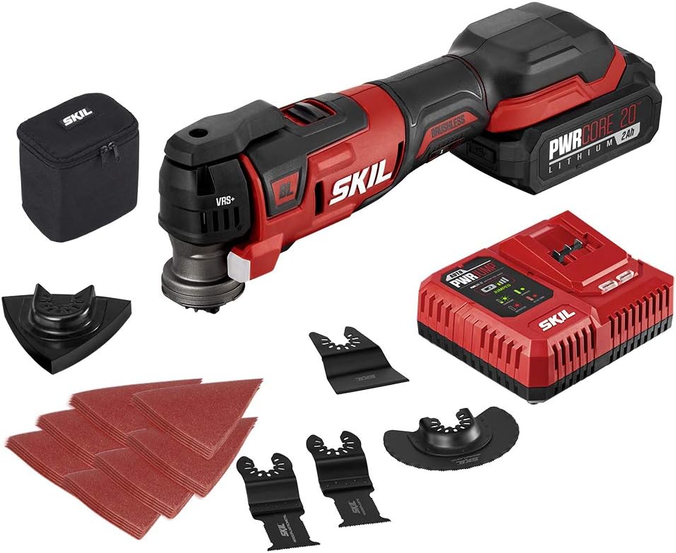 PWR CORE 20 Brushless 20V Oscillating Tool Kit with 35pcs Sanding Paper, 3 Blades, Sanding Pad, Rigid Scraper, Accessory Case, Includes 2.0Ah Lithium Battery & PWR JUMP Charger - OS5937-10