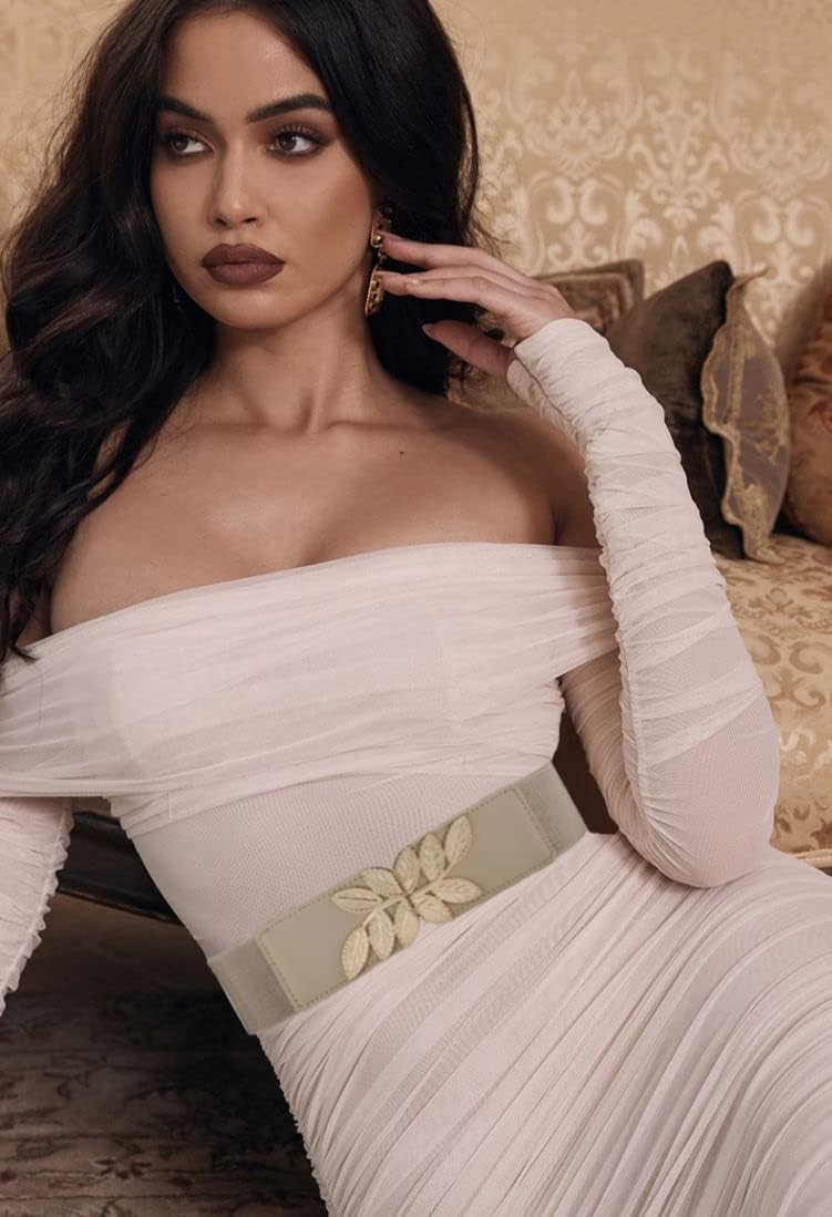 Women's Stretchy Belt for Dress Vintage Wide Gold/silver Leaf Buckle Waist Belts for women Elastic Waistband - Image 7