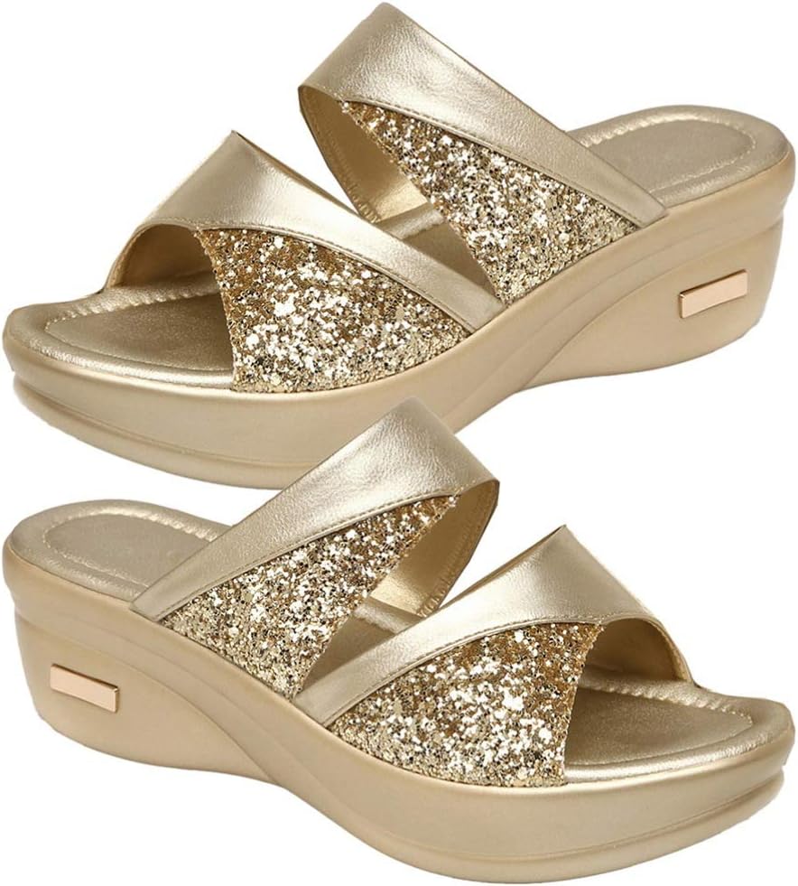Women Sandals - Backless Platform with Sequins