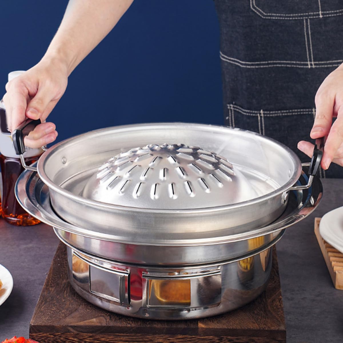 Wielofunkcyjna okrągła patelnia grillowa 35 cm - lekkie i przenośne koreańskie naczynia do grillowania - stal do biwakowania na świeżym powietrzu i akcesoria do grillowania