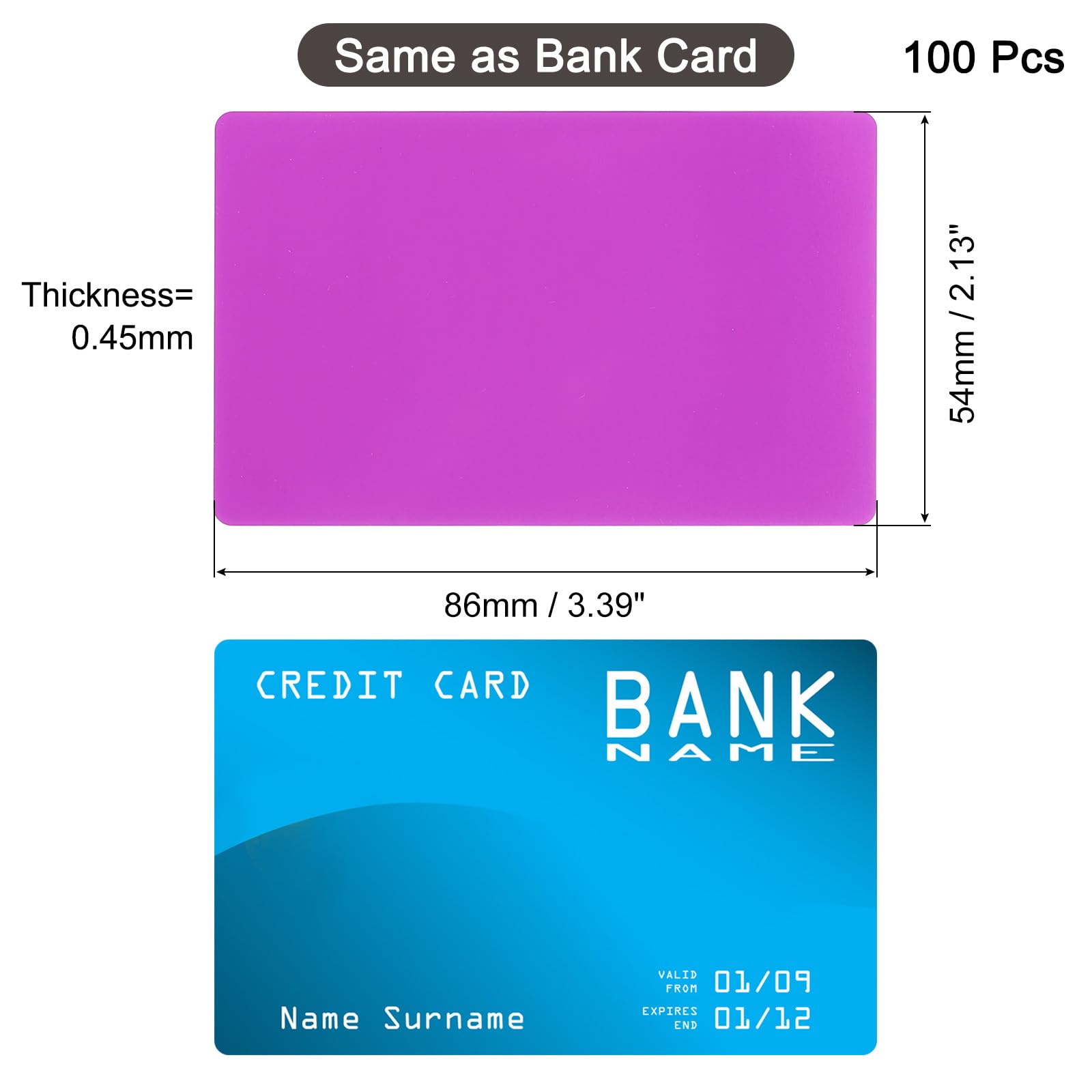 QUARKZMAN 100 Tarjetas de Visita en Blanco de Metal, 86 x 54 x 0.45mm, Hoja de Aluminio Anodizado para Grabado, Tarjetas DIY, Morado