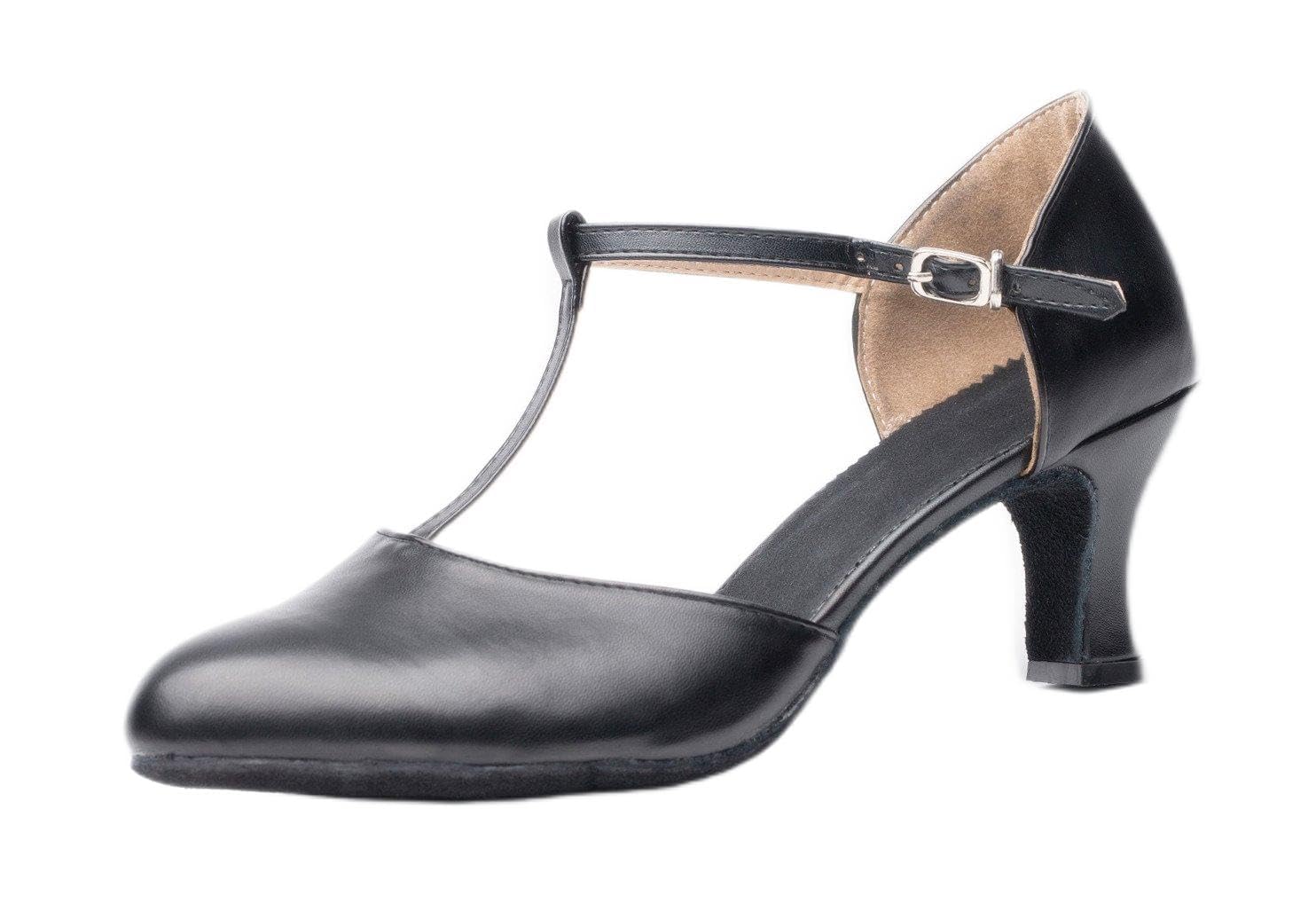 Women Black Leather T-Strap Latin Ballroom Dance Shoes Ladies Modern Tango Salsa Party Dancing Shoes (8, Black)
