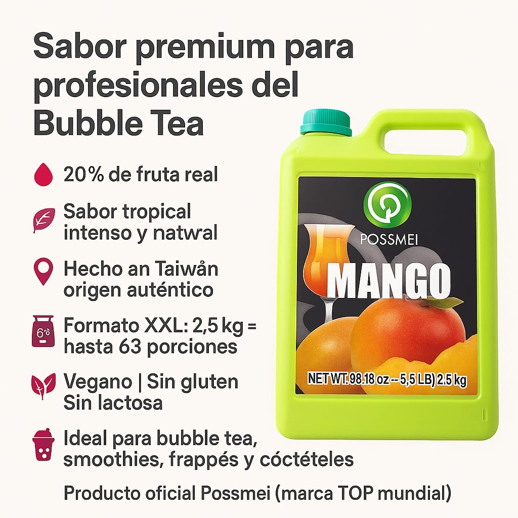 POSSMEI Sirope de Mango 2.5 kg – Concentraco Profesional para Bebidas, Cocteles, Smoothies, Postres y Helados – Apto Vegano, Sabor Tropical Intenso