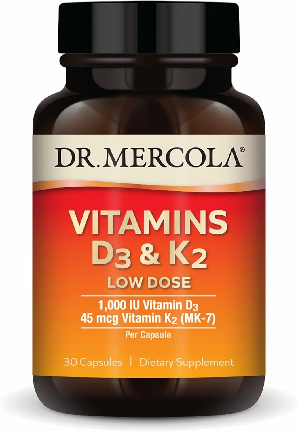 Dr. Mercola Vitamins D3 & K2 Low Dose - Maintain Vitamin D Levels - Supports Immune & Bone Health - MenaQ7 Chickpea-Sourced K2 - Non-GMO, Gluten-Free & Soy-Free - 30 Capsules (30 Servings) (Pack of 2)