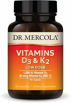 Dr. Mercola Vitamins D3 & K2 Low Dose - Maintain Vitamin D Levels - Supports Immune & Bone Health - MenaQ7 Chickpea-Sourced K2 - Non-GMO, Gluten-Free & Soy-Free - 30 Capsules 30 Servings