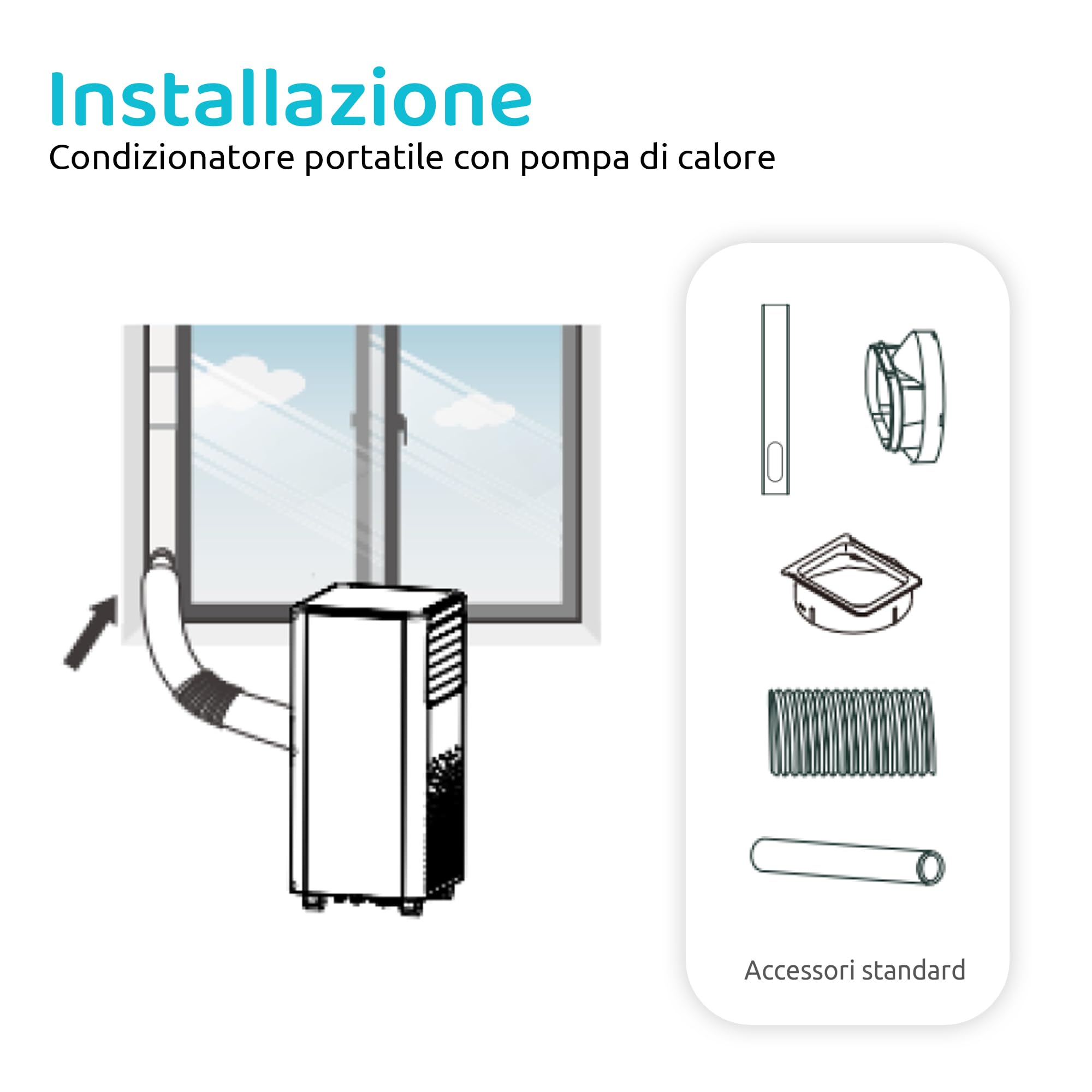VIGO 7, Condizionatore Portatile 7000 BTU con Pompa Calore e Deumidificatore, Tubo Scarico Aria Posteriore, Gas R290, Telecomando Wireless, Timer programmabile, Ruote, 63dB