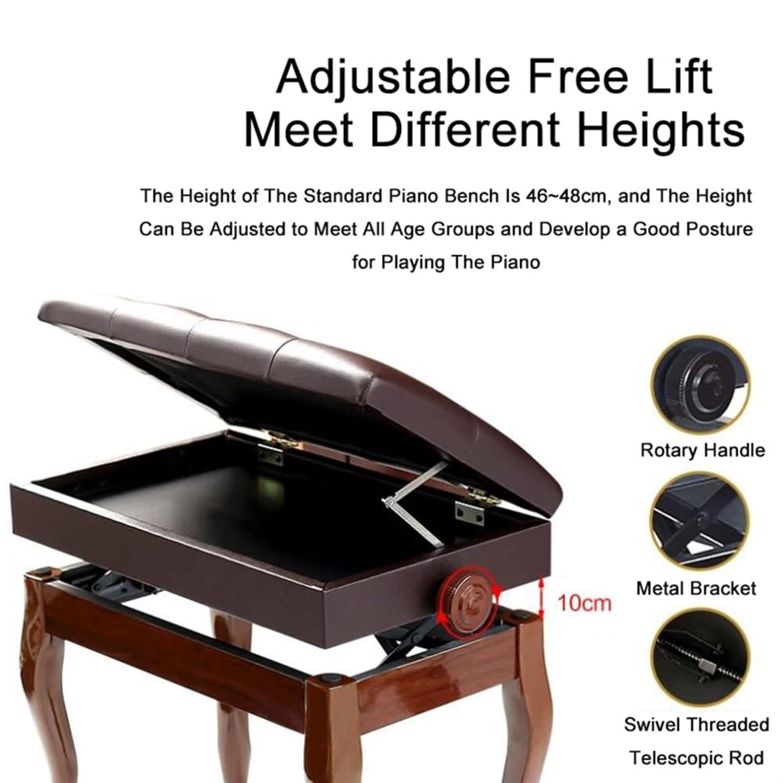 Meiiron Verstellbarer Deluxe-Klavierhocker aus Massivholz mit Notenfach - 10 cm höhenverstellbare Klavierbank for Guzheng-E-Piano(Black)