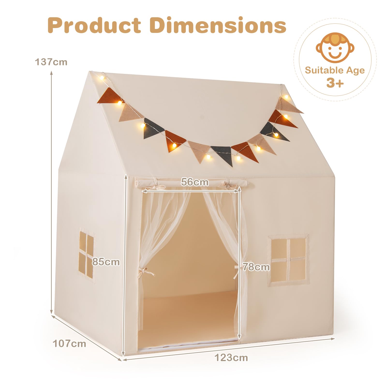 HOMASIS Kinderzelt für Indoor, Spielhaus mit 20 Sternlichtern & Matte & 2 Fenstern & Vorhang & 12 Flaggen, Spielzelt Prinzessin Zelt für Mädchen & Jungen, Tipi Zelt Kinderhaus Kinderzimmer, Beige