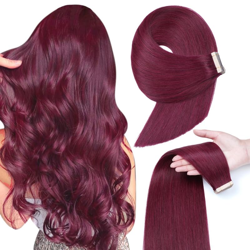 Image of Wine Red 99J 24 Inch Tape in Hair Extensions Human Hair Burgundy Tape in Human Hair Invisible Double Sided Seamless Skin Weft Hair (#A99J,24 Inch)