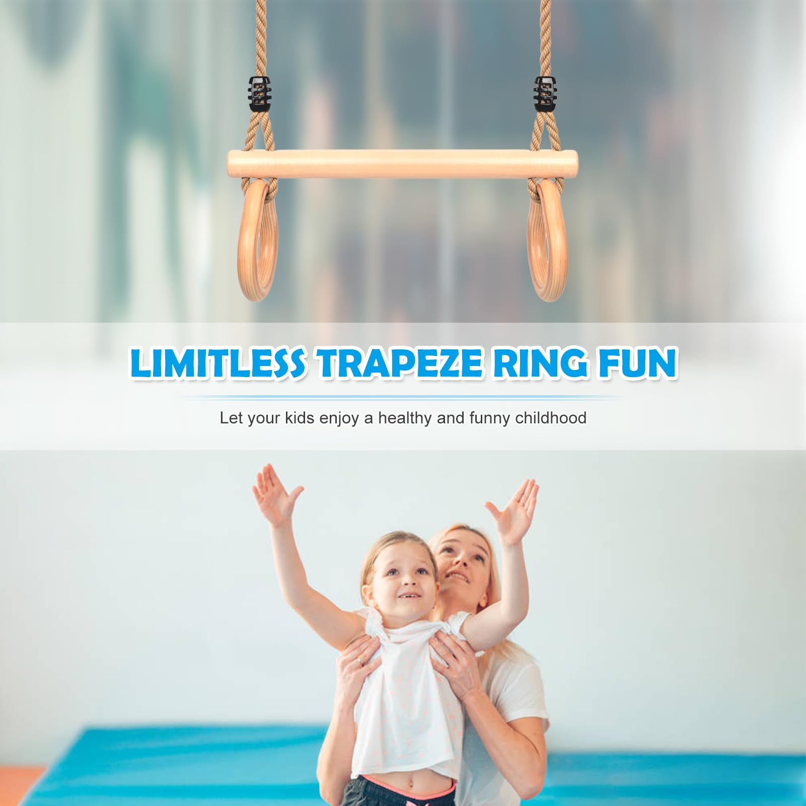 Trapez Schaukel, Trapez Stange Outdoor mit Turnringen Multifunktions Schaukel Kinder mit Verstellbarem Hanfseil Kinderschaukel Turngeräte für Kinder Indoor Outdoor