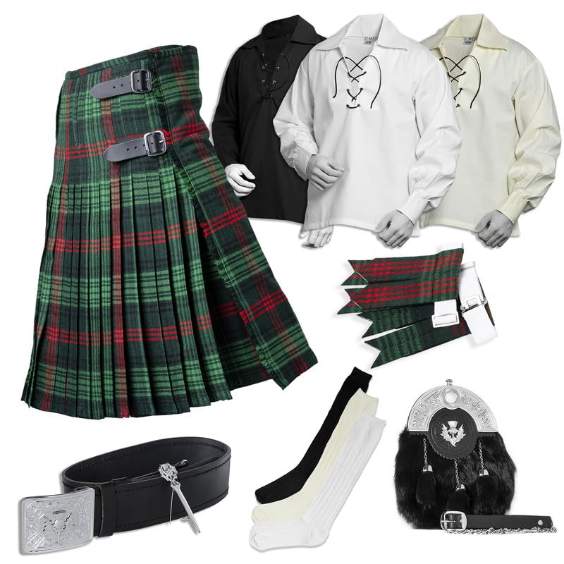 BELGLY Scottish Kilt for Men - 08 Pcs Kilt Accessories for Men, Scottish Outfit, Hunting Rose 30''