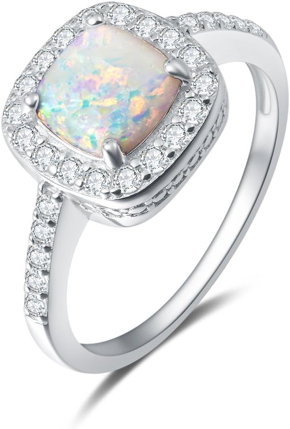 Carleen Created Opal Ring 925 Sterling Silver October Birthstone Cubic Zirconia CZ Halo Engagement Wedding Ring Fine Jewelry Gift for Women, All Size