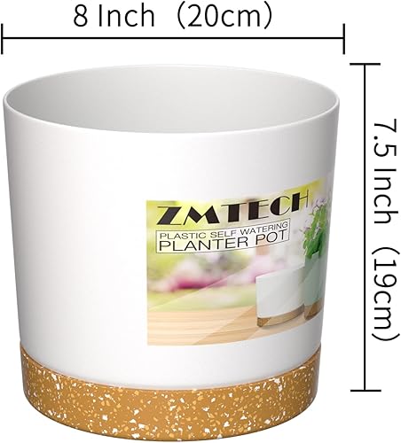 Miniatura 3 de ZMTECH Juego de 3 macetas de plástico de riego automático de 8 pulgadas con orificio de drenaje y platillo, maceta decorativa moderna para plantas