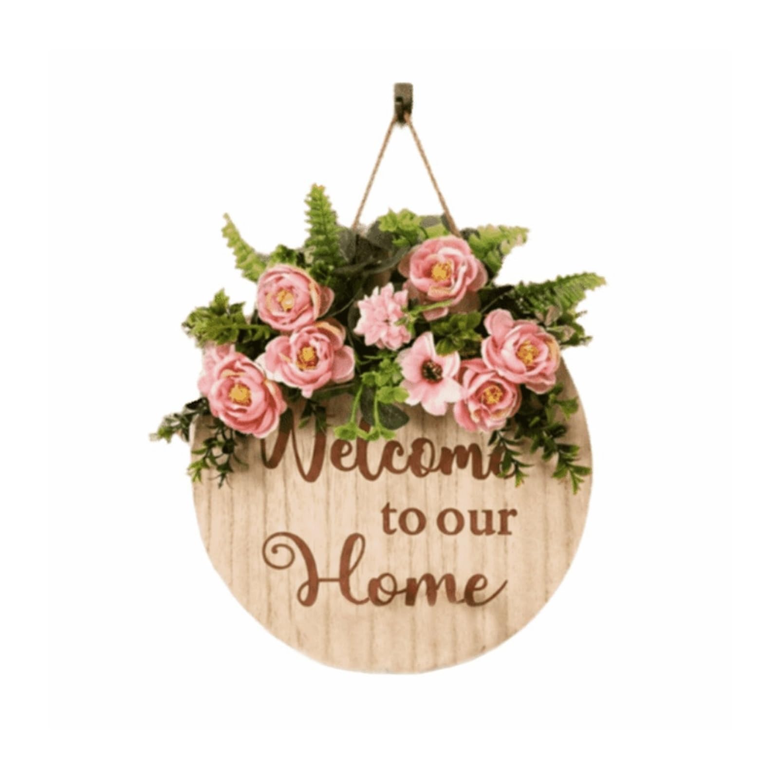 Front Door Wreath Welcome Sign 2D Flat Welcome Sign Wooden Bow Knot Door Wreath Flower Round Shape Wall Art Porch Decor(Color1)