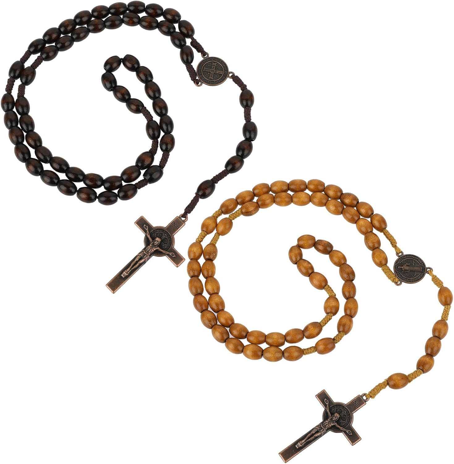 Wood Rosary Beads, 2Pcs Wood Beads Rosary Necklace Handmade Rosarios Catolicos Dangling Cross Pendant Olive Wood Rosary Beads for Men and Women Baptism First Communion & Confirmation