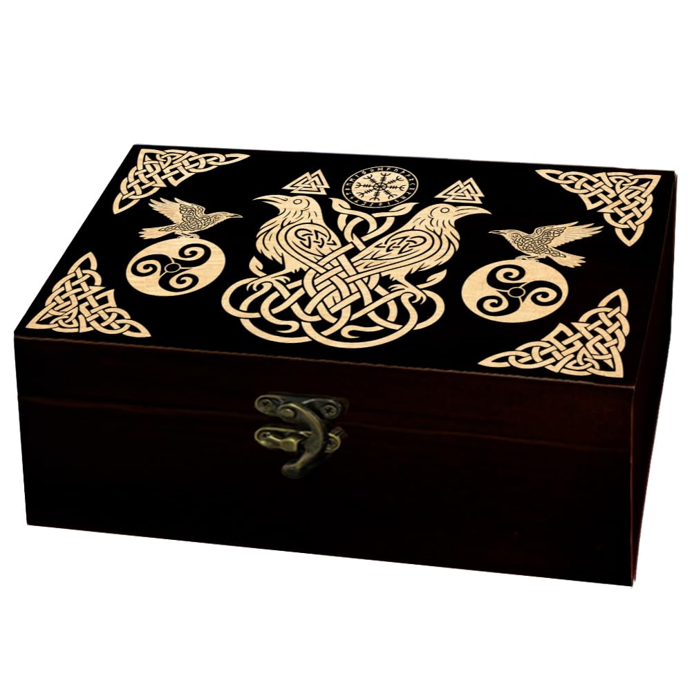 arricraft 1 Pc Wooden Keepsake Storage Box, Viking Rope Knot Raven Pattern Rectangle Pine Tarot Card Memory Box for Anniversary Jewelry Board Storage 24x14x9cm (9.45x5.51x3.54 inches)