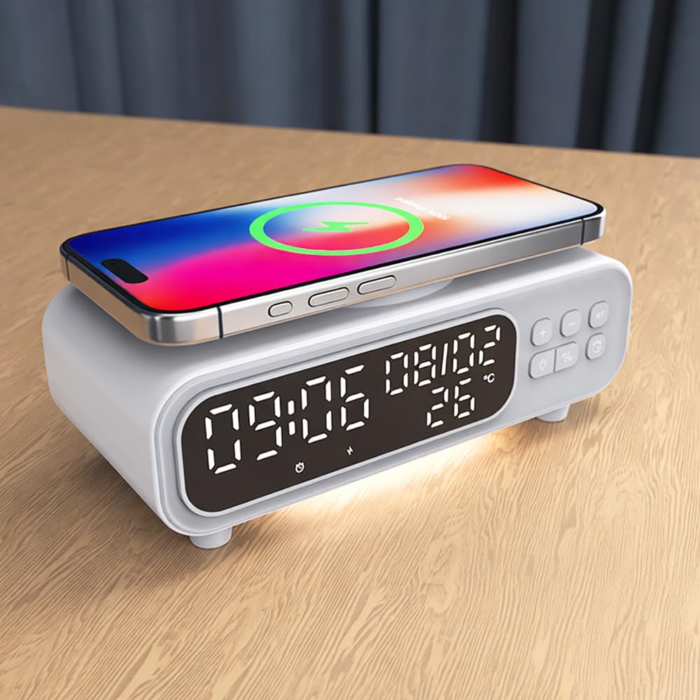 IHAO 5in1 Alarm Clock with Wireless Charging Night Light 15W Fast Charger for Phone and Headphone, LED Digital Display with Date &amp; Temperature, Dimmable for Bedroom &amp; Office-D15 Clock White